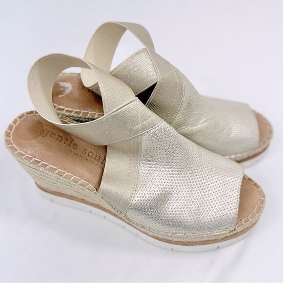 Gentle Souls CRISTA Gold Leather Tan Woven Open Toe Espadrille Wedge Sandals - Picture 4 of 16
